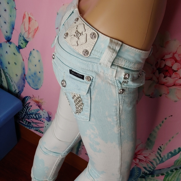 Miss Me ☆ Custom Baby Blue White Tie Dye Bling Wings Rhinestone Skinny Jeans 26 - Picture 2 of 15